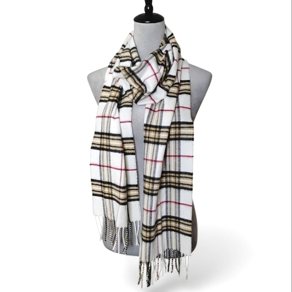 V. Fraas Plaid Scarf White Tan Black Super Soft Fringe Made in Germany Preppy - Picture 1 of 4